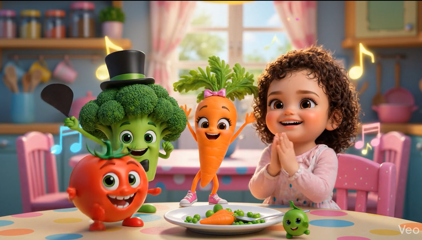 Isabella cantando con sus amigos las verduras